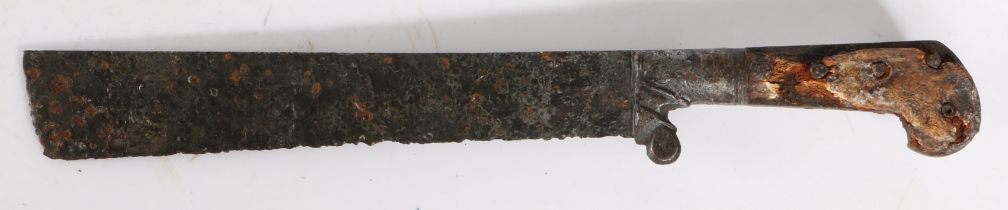 A 15th century Bauernwehr type knife The iron tapering blade with a raised nagal and foliate design,