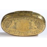 A late 18th century brass engraved tobacco box, circa 1780 Of oval form, the hinged lid centred with