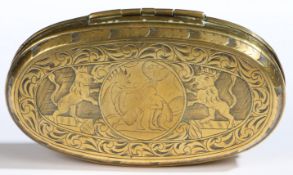 A late 18th century brass engraved tobacco box, circa 1780 Of oval form, the hinged lid centred with