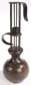 A very large late 18th century wrought-iron and oak stable or birdcage candleholder, Anglo-French,