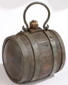 A staved oak and iron-bound costrel, English, circa 1800-40 Of barrel-form, with raised bung hole,