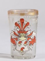 A German glass and enamel beaker, 16th century or later, Designed with a coat of arms, the name '