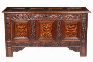 A good and impressive Charles I oak and marquetry-inlaid coffer, Leeds area, Yorkshire, circa 1640
