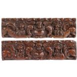 A pair of 17th century carved oak drawer fronts, dated 1675 Each carved with a pair of recumbent