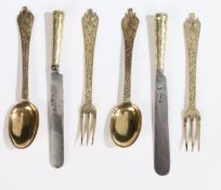 Rare Charles II silver-gilt cutlery; comprising two knives, forks and spoons, circa 1680 Each