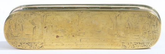 A mid-18th century brass engraved tobacco box, Dutch, circa 1755 Of rounded-rectangular form, the