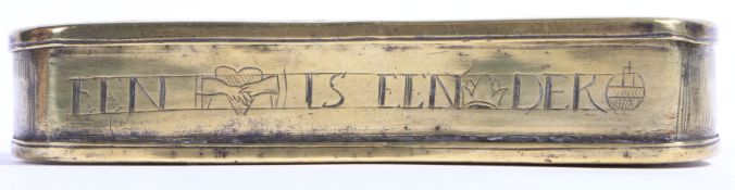 A mid-18th century brass engraved tobacco box, Dutch, circa 1750 Of rounded-rectangular form, the