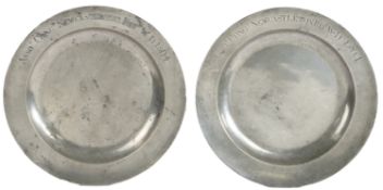 A pair of George III pewter plain rim dishes, Scottish, dated 1804 Each rim finely engraved ‘ASSOC.T