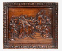 A large, impressive, 18th century relief-carved walnut panel, in a good pine frame Designed with the