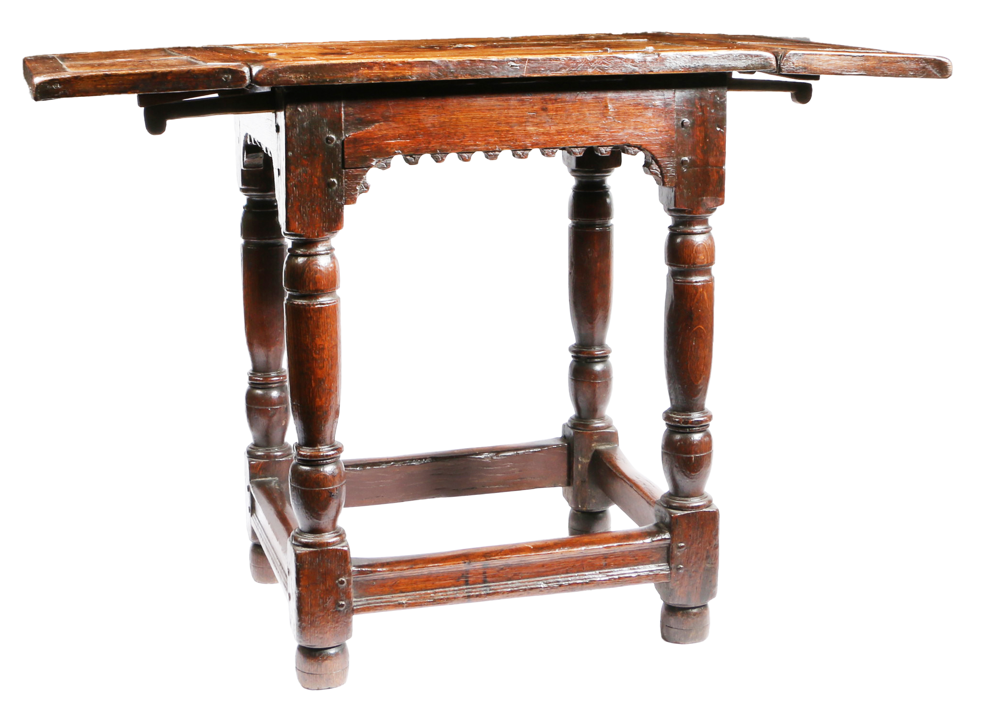 A part Elizabeth I oak and inlaid drop-leaf centre table, circa 1580 and later The top geometric - Image 2 of 2