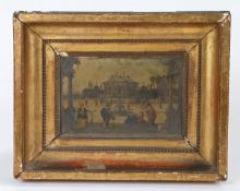 A 17th Century oil on copper panel depicting an Italianate square with fountain and figures in