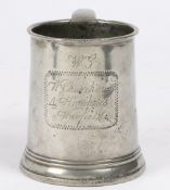 A George III pewter pre-Imperial pint straight-sided mug, circa 1810 1 1/60th pint, the plain drum