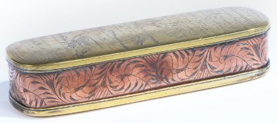 A mid-18th century engraved brass and copper tobacco box, Dutch, circa 1750 The hinged lid