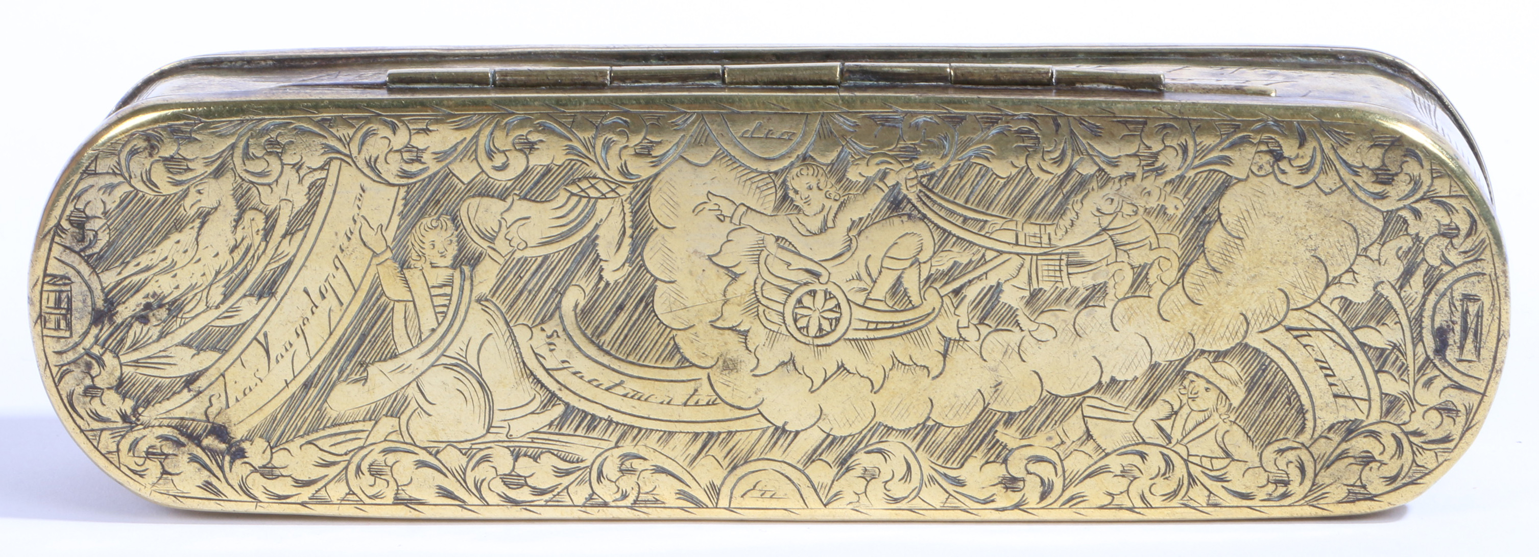 A mid-18th century brass engraved tobacco box, Dutch, circa 1750 Of rounded-rectangular form, the - Image 2 of 4