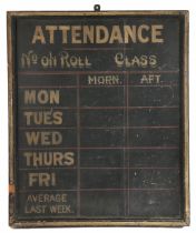 A 19th century school attendance board The black ground with white lettering - "ATTENDANCE, NO ON