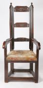 A rare 17th century oak, walnut, beech and polychrome reclining chair The 'ladder-back' with three