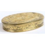 An early 18th century engraved brass ‘erotic’ tobacco box, Dutch, circa 1700-20 Of oval form, the