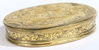 An early 18th century engraved brass ‘erotic’ tobacco box, Dutch, circa 1700-20 Of oval form, the