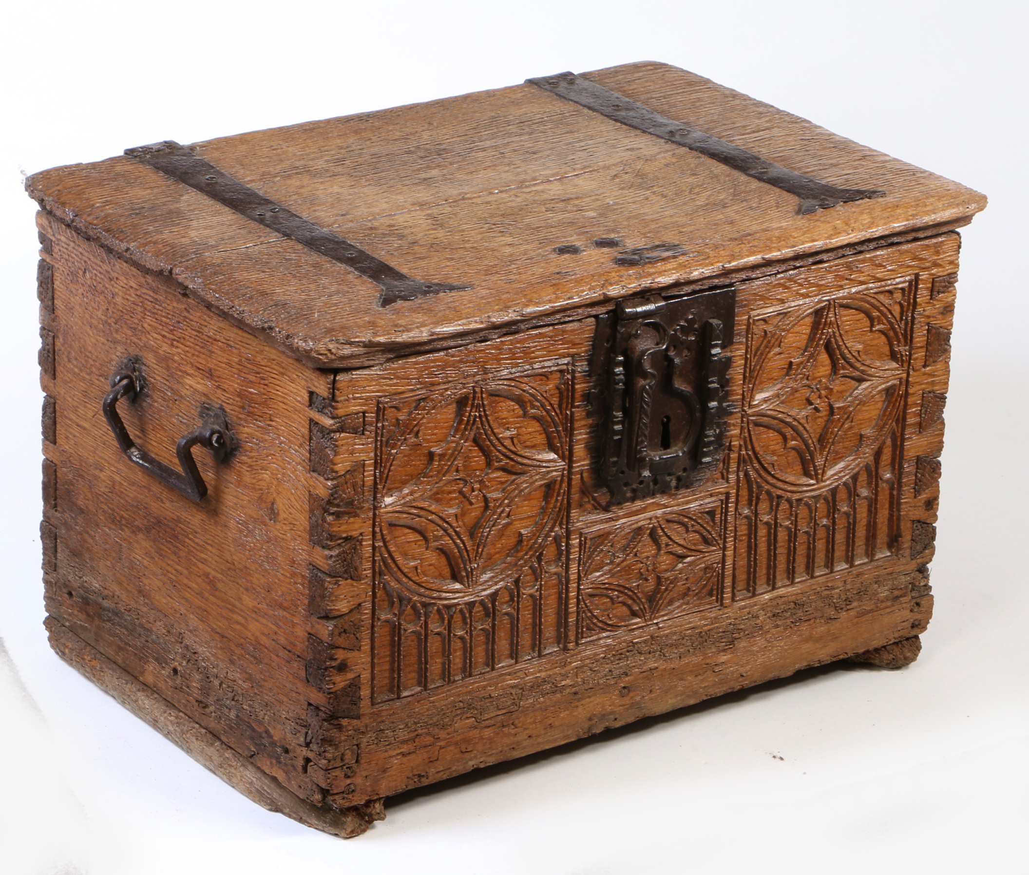 A boarded oak chest, possibly 15th century Of dove-tail construction, the top of two boards, and - Image 2 of 2