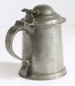 A Queen Anne/George I pewter OEWS quart domed-lidded straight-sided tankard, attributed to Wigan,