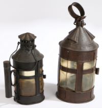 Two early 19th century sheet-iron cylindrical lanterns, English, circa 1830 One with a conical
