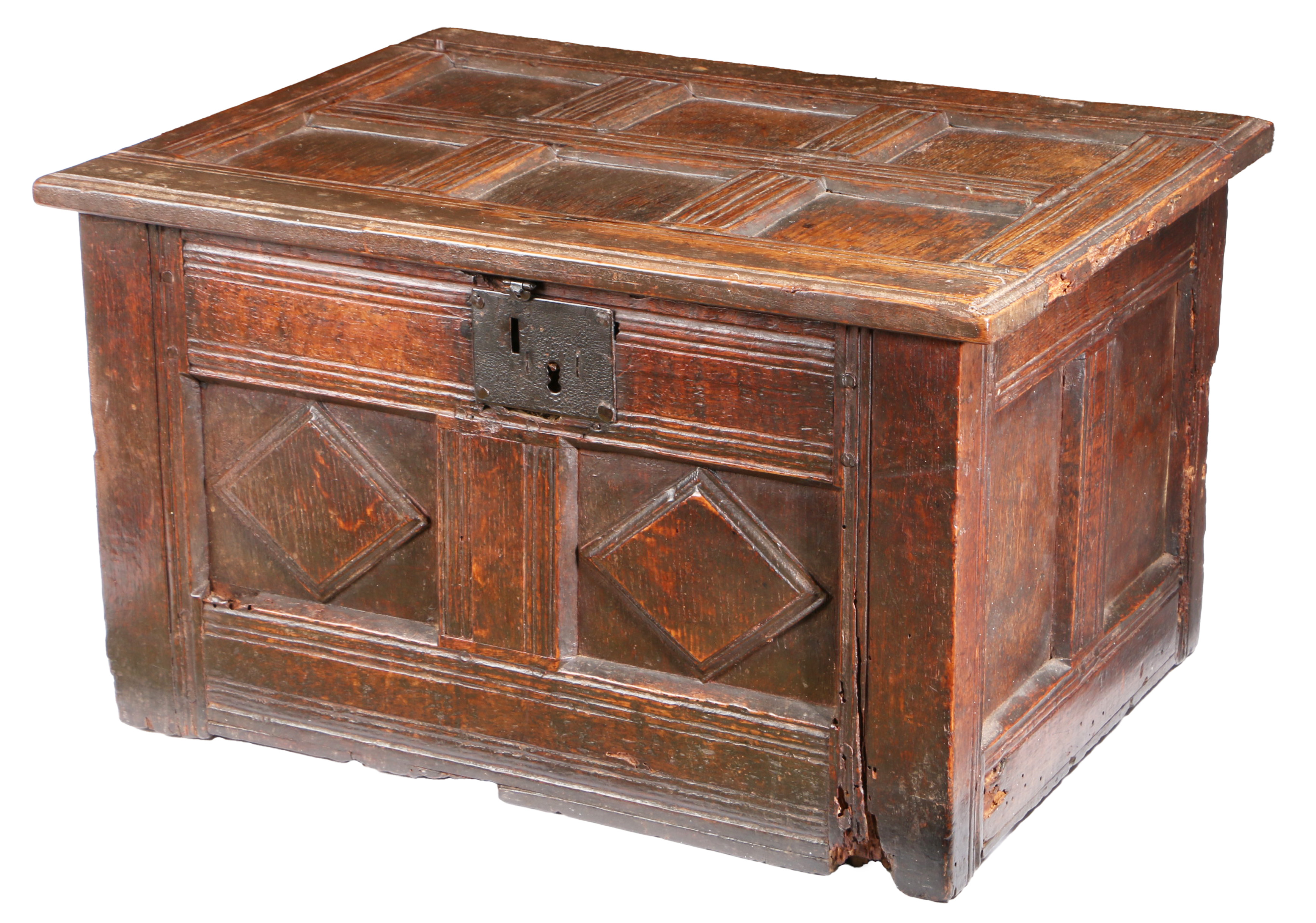 A rare Elizabeth I/James I oak table-chest, West Country, circa 1600-20 Having a six-panelled lid, - Image 2 of 2