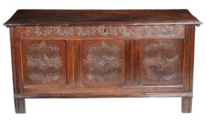 A large Charles I oak coffer, Wiltshire/ Gloucestershire border, circa 1640 The top of two boards,