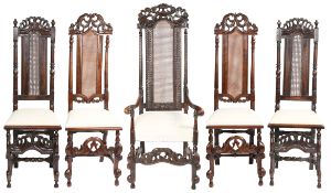 A harlequin set of five William & Mary walnut, beech, ash and cane high-back side chairs, circa 1690