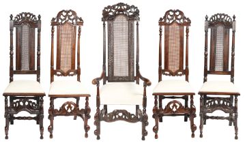 A harlequin set of five William & Mary walnut, beech, ash and cane high-back side chairs, circa 1690