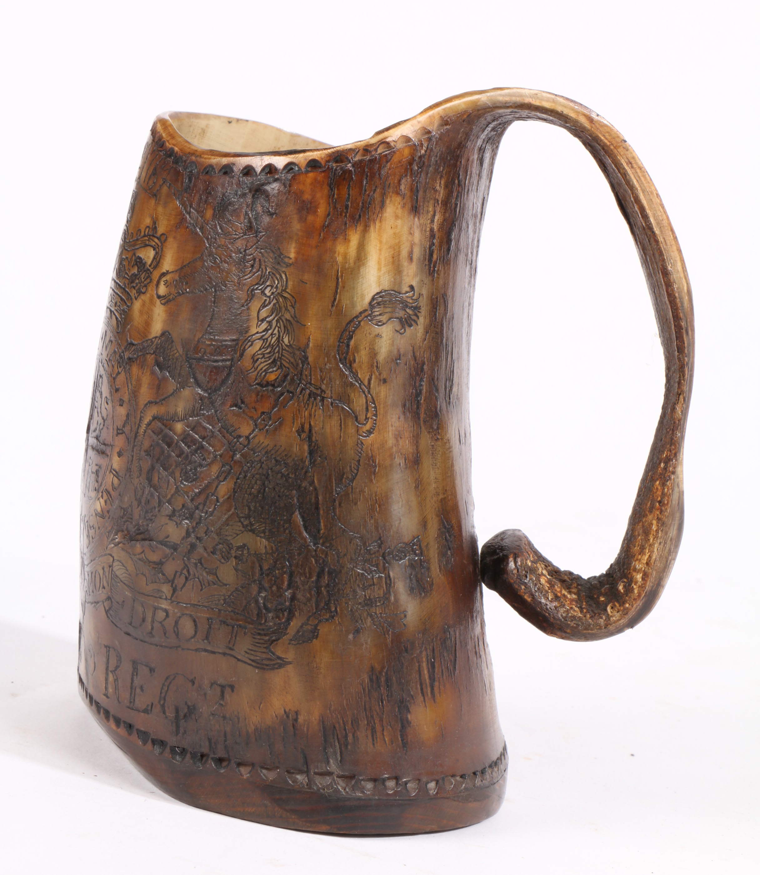An interesting early George III engraved horn tankard, dated 1761 Engraved with the royal cypher, - Image 2 of 3