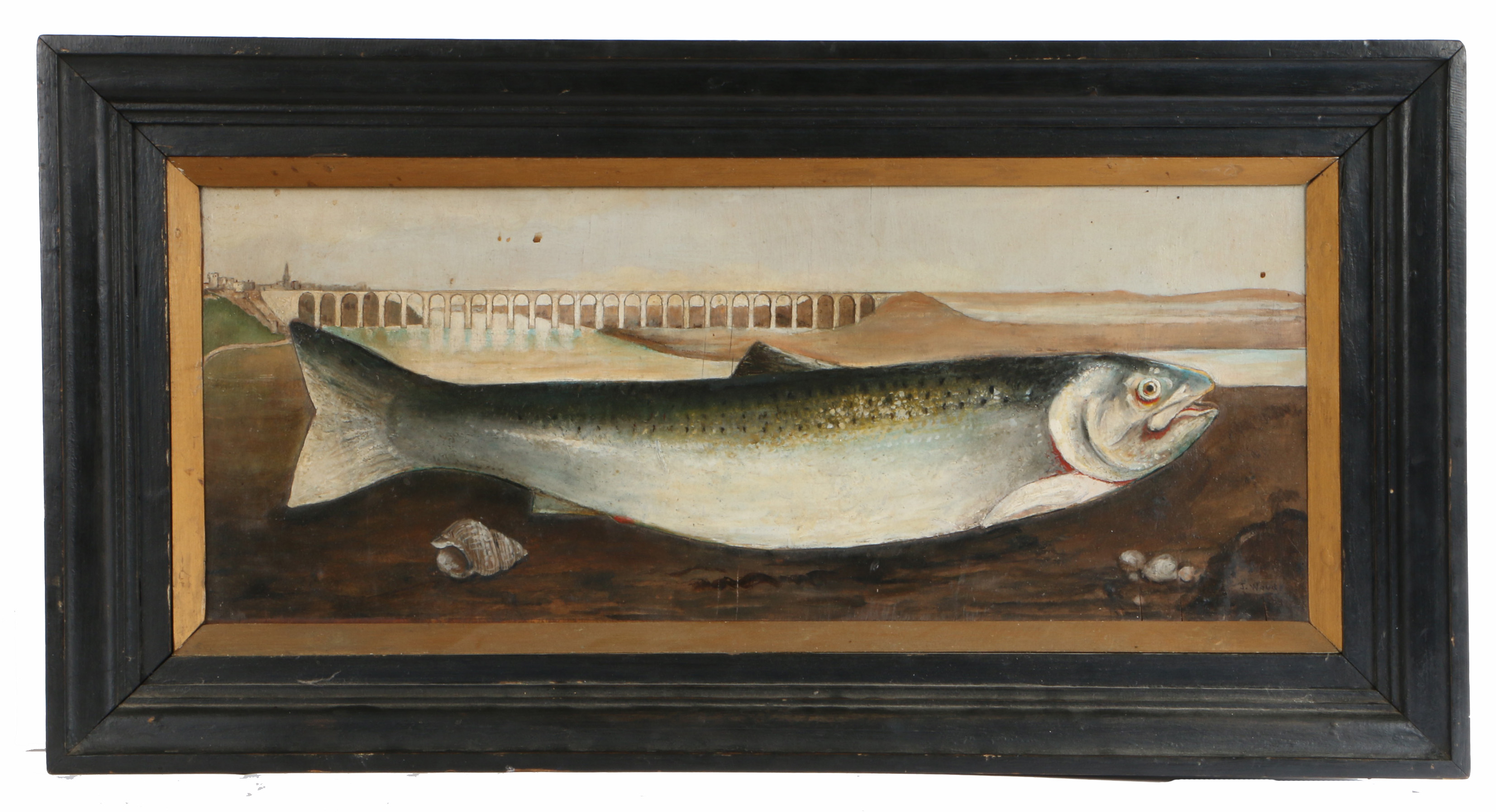 J Wood (20th Century) Fish by a Viaduct, inscribed to reverse "Berwick upon Tweed" Signed (lower