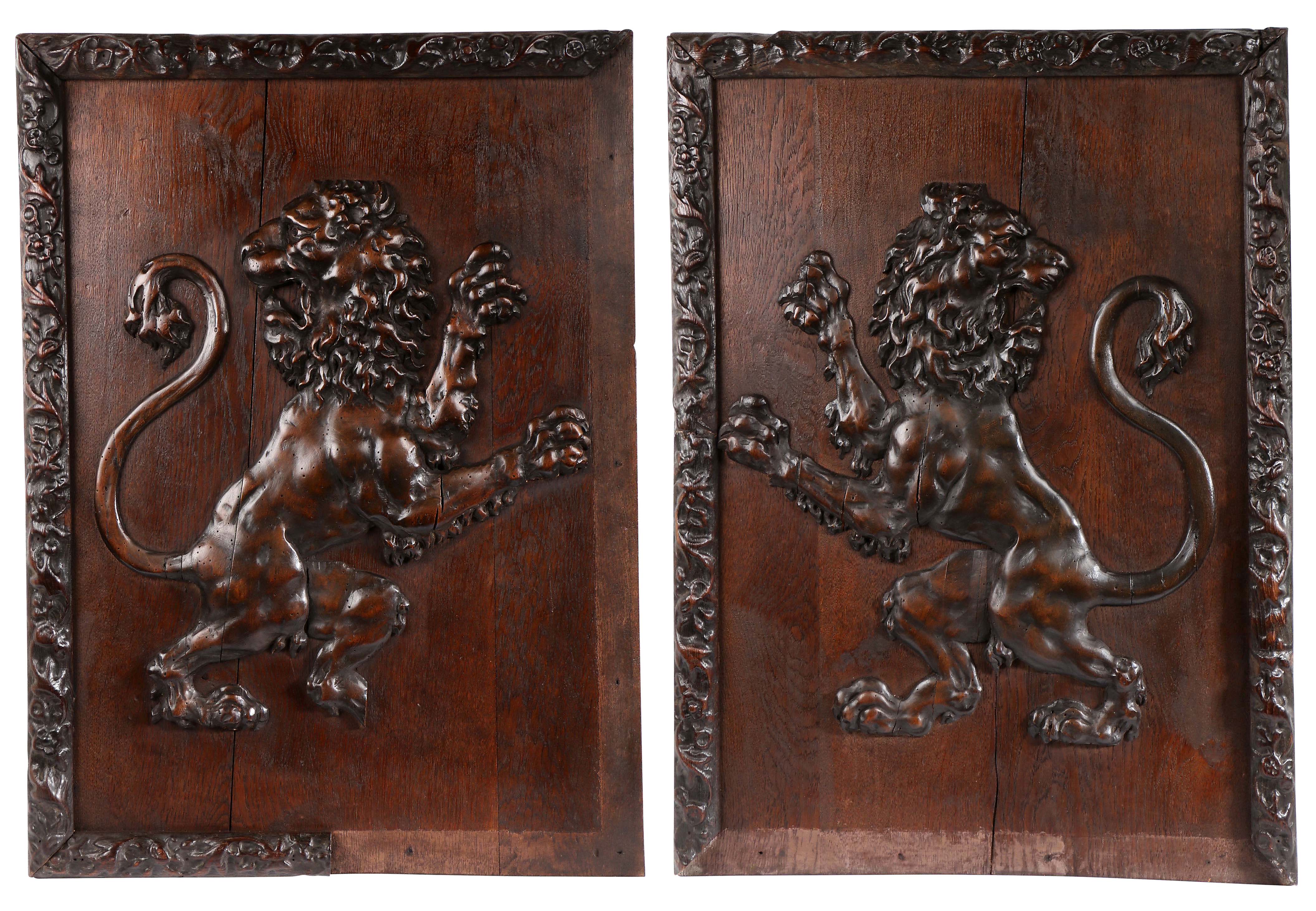 A pair of large early 19th century carved ‘limewood’ and oak framed lion rampant panels  One - Image 2 of 2