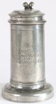 An interesting, documented and large Charles II pewter Beefeater flagon, dated 1683 The straight-