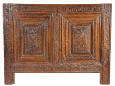 A mid-17th century oak coffer front, named and dated 1641, Breton, France, possibly Tregor, Having