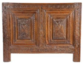 A mid-17th century oak coffer front, named and dated 1641, Breton, France, possibly Tregor, Having