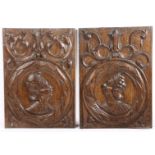 A pair of mid-16th century carved oak Romayne-type panels, circa 1540 Each with a profile bust,