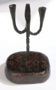 A rare late 18th century pine and wrought-iron double rushnip and candleholder, Irish, possibly