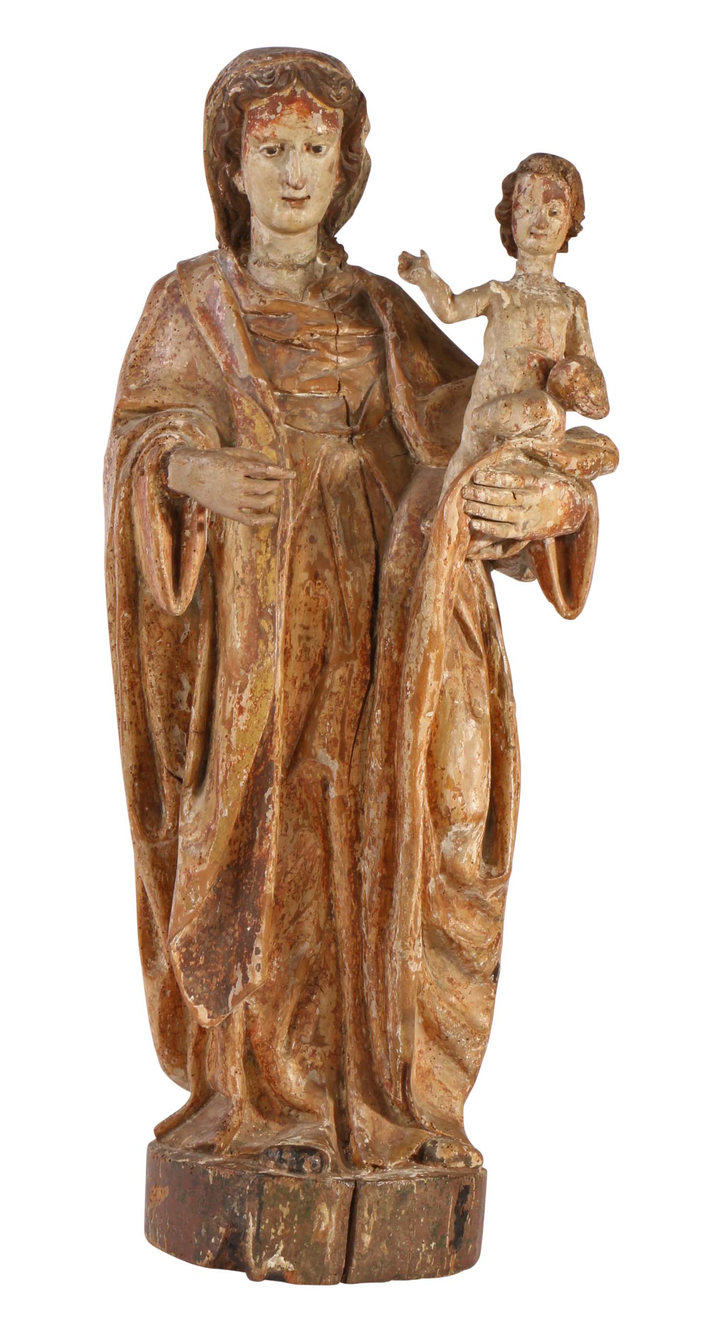 A 16th/17th century polychrome-decorated figural carving, Madonna & Child, European The Virgin