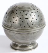 A rare mid-18th century pewter sponge box, circa 1750 Of typical spherical form, formed in two