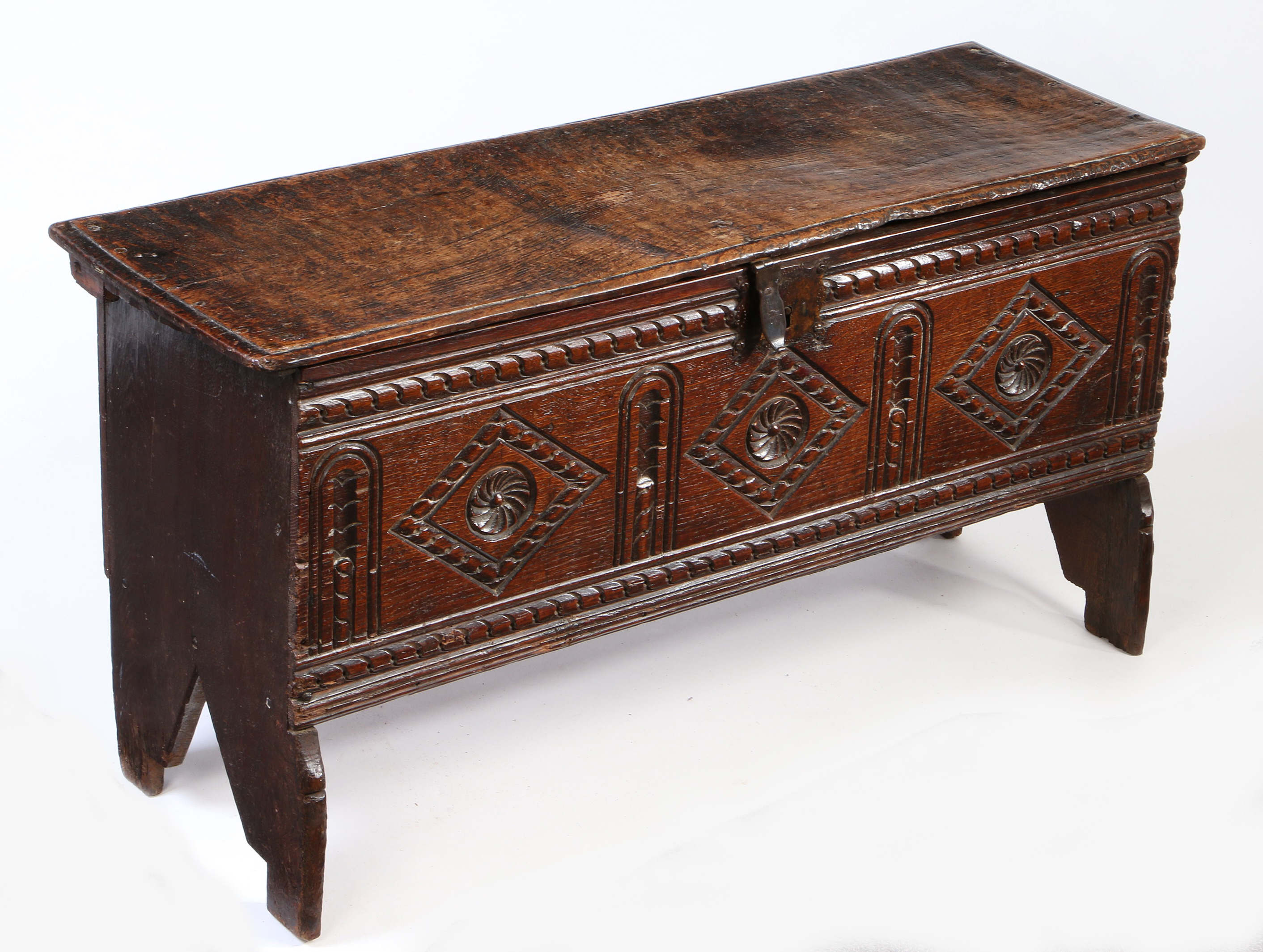 A Charles I oak boarded chest, West Country, circa 1630 The one-piece top with ovolo-moulded