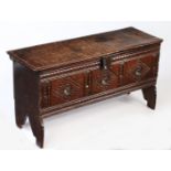 A Charles I oak boarded chest, West Country, circa 1630 The one-piece top with ovolo-moulded