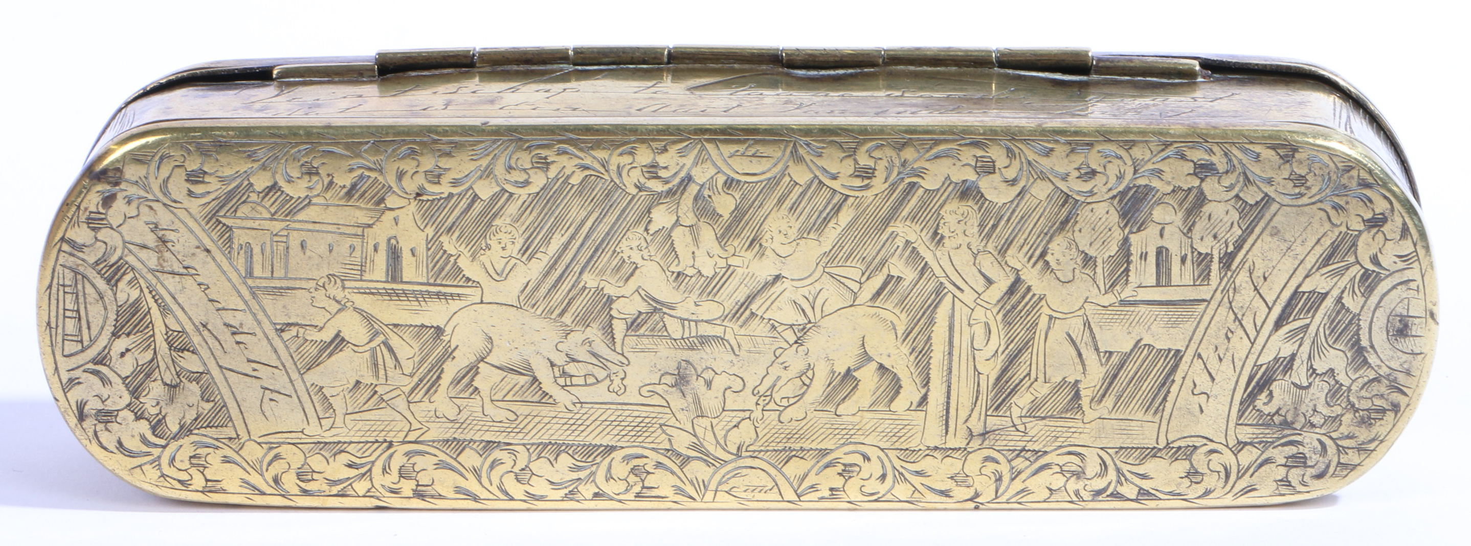 A mid-18th century brass engraved tobacco box, Dutch, circa 1750 Of rounded-rectangular form, the - Image 4 of 4