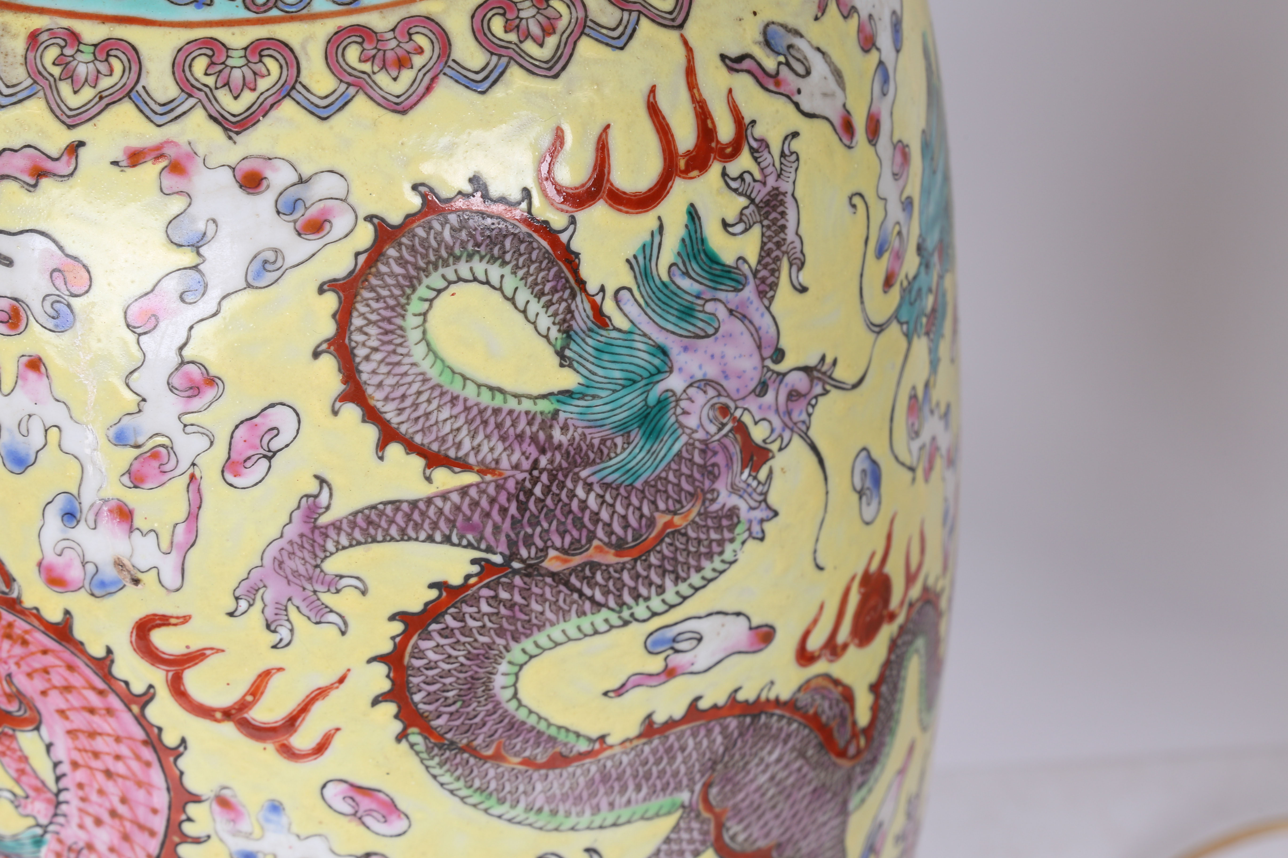 A Large pair of Chinese vases (converted into lamps), 20th century, having a yellow ground decorated - Image 6 of 7