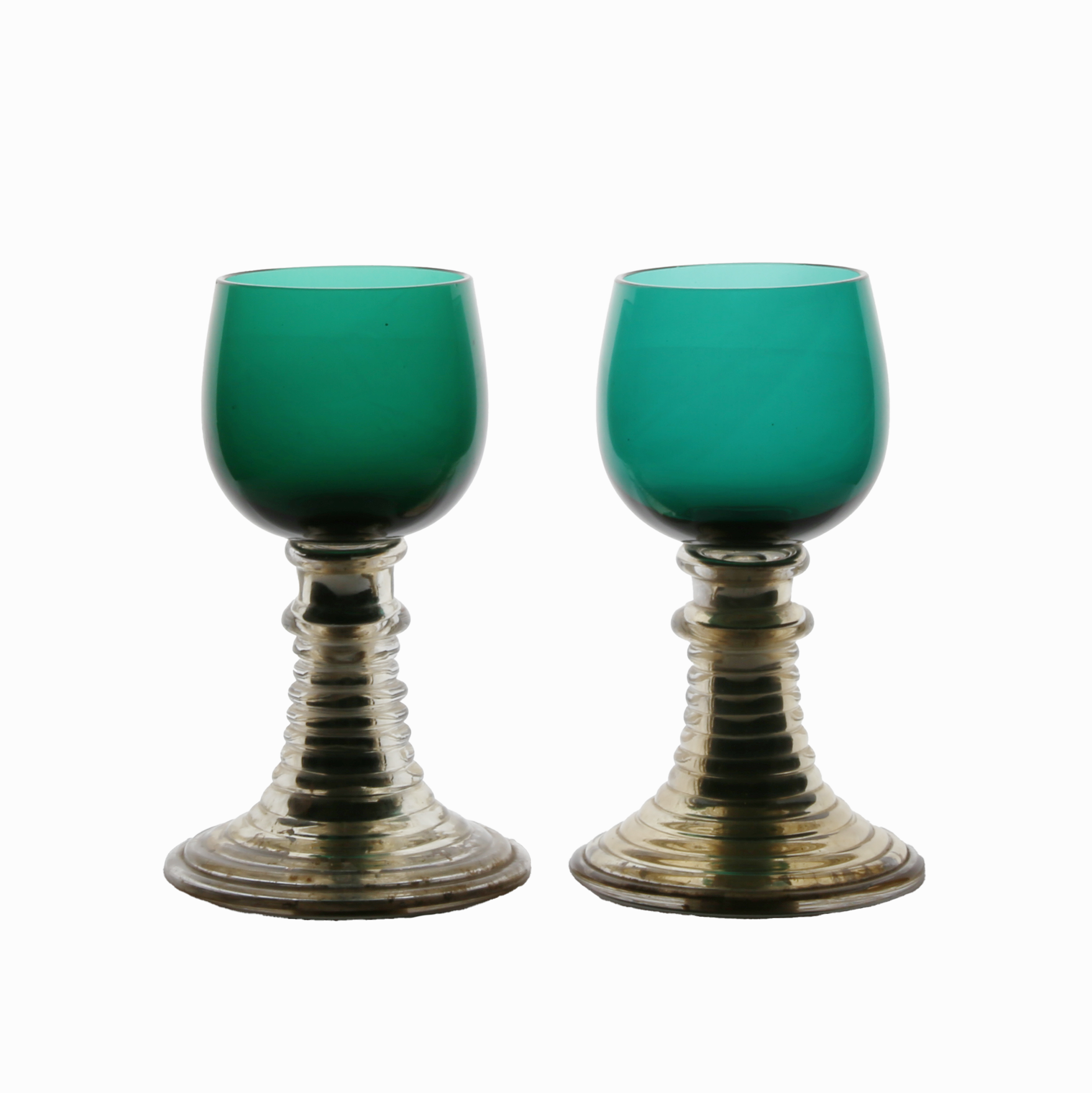 A pair of mid 19th Century Bohemian blue/green glasses, with mercury stems and ribbed feet, marked - Image 2 of 2