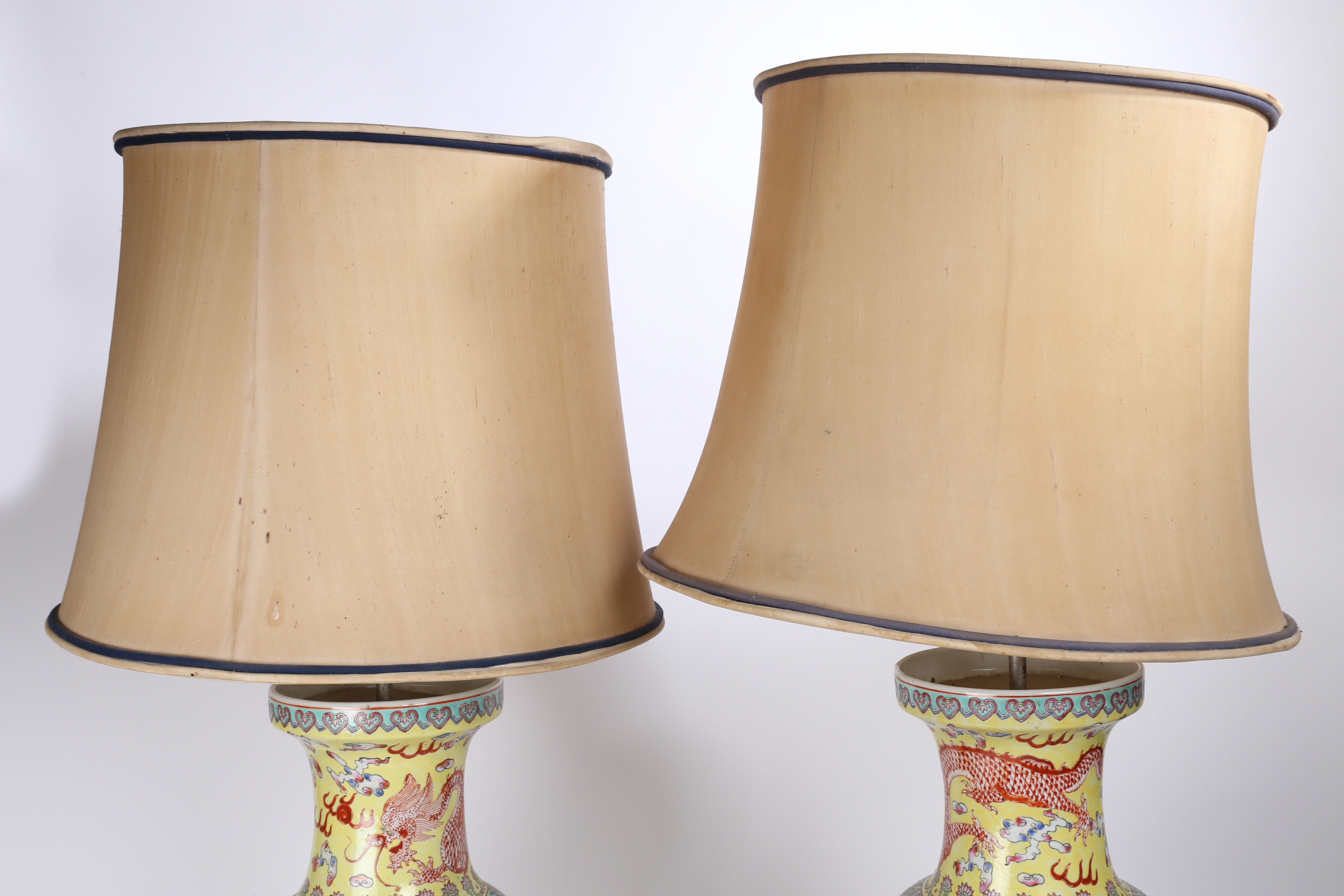 A Large pair of Chinese vases (converted into lamps), 20th century, having a yellow ground decorated - Image 4 of 7
