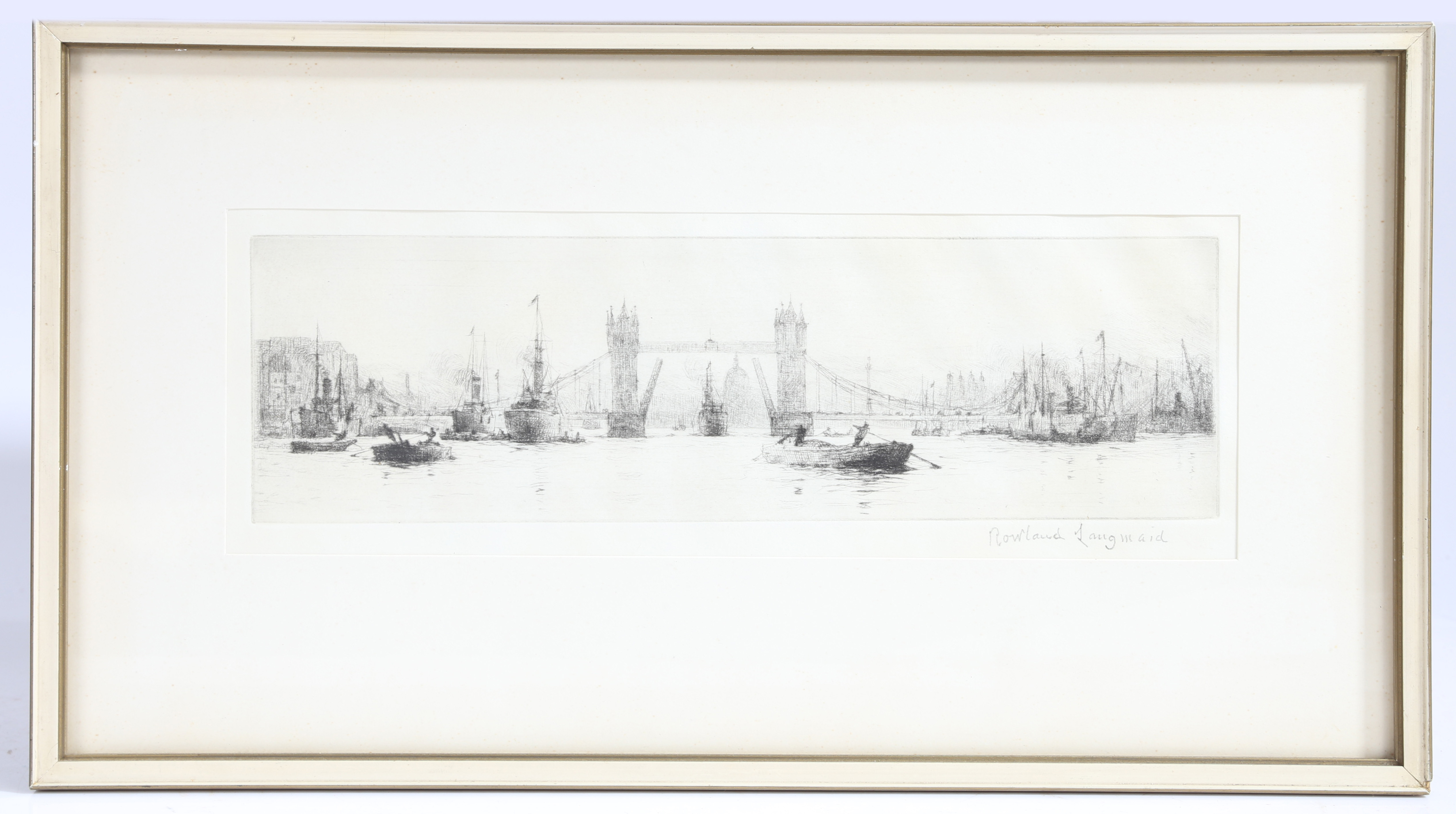 Rowland Langmaid (British 1897-1956) "View of Tower Bridge from the Thames" Etching signed lower