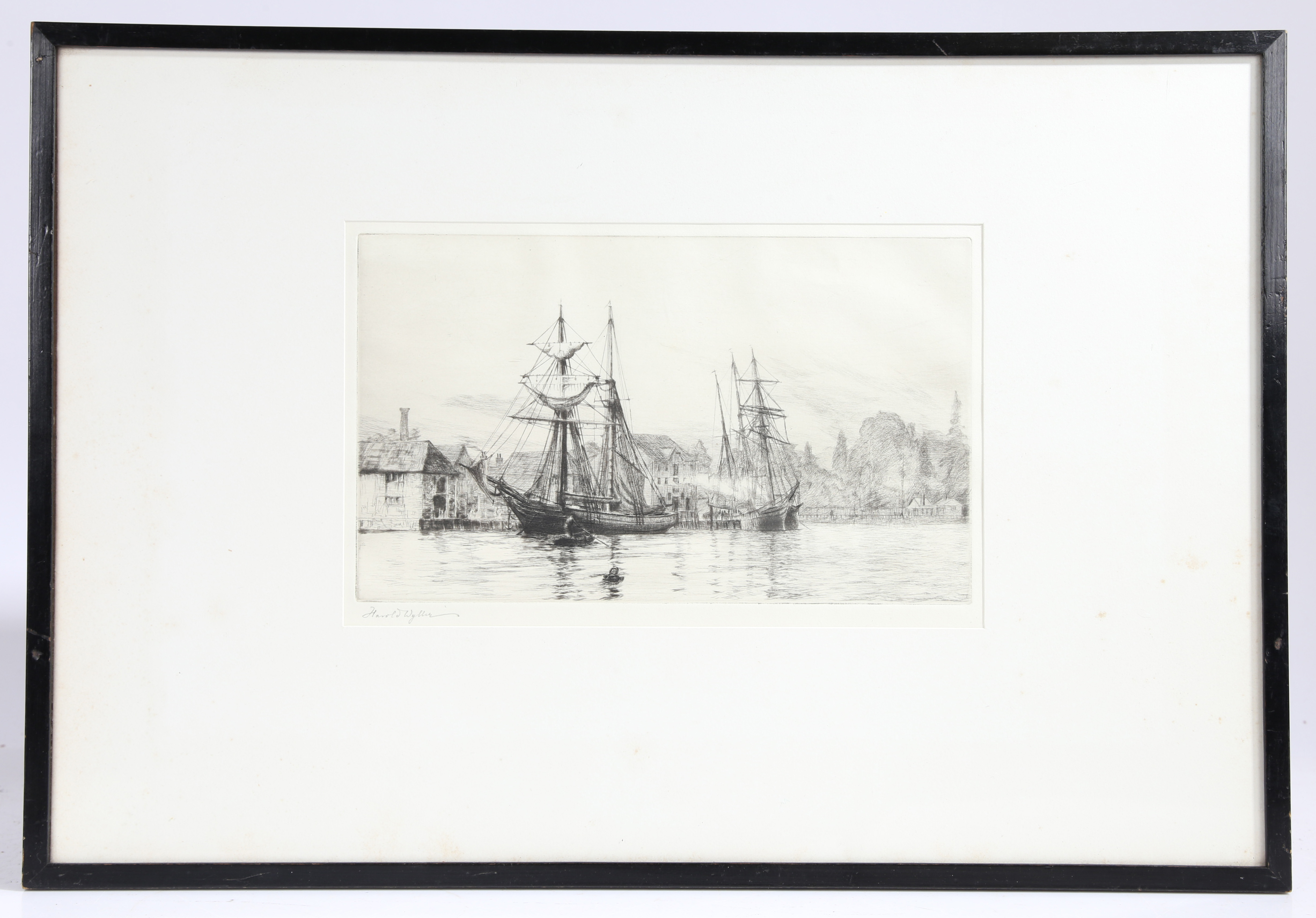 Harold Wyllie (British 1880-1973) "View of Sailing Ships at Harbor" Etching signed lower left housed