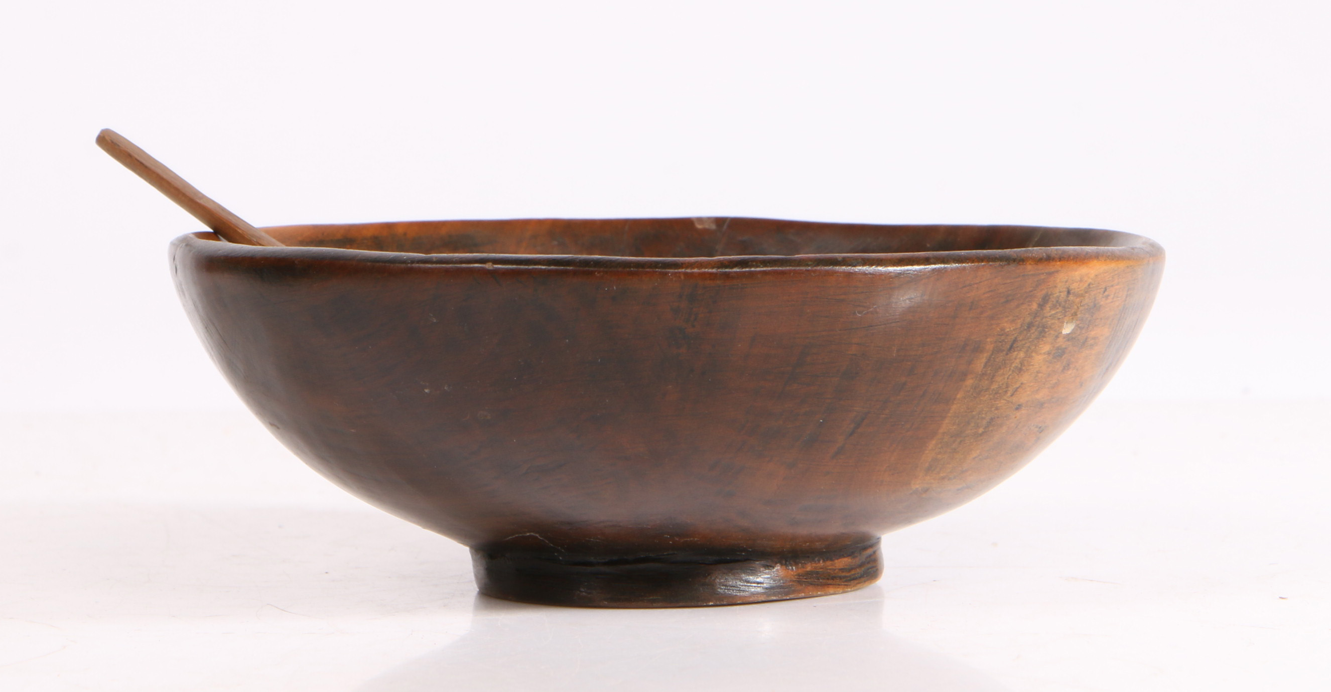 Welsh Cawl-type bowl and small spoon, the circular bowl with a stepped foot, 16cm diameter, together