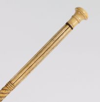A 19th century whalebone walking stick, having a inlaid handle above a reeded and spiral carved
