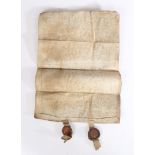 A Scottish 16th Century vellum deed, with two red wax seals attached, 31cm diameter